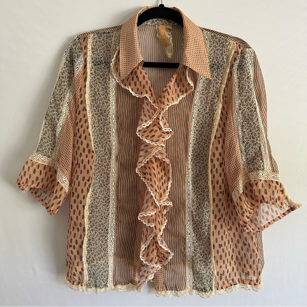 BiBA Floral Button Up 3/4 Sleeve Blouse Sheer Women GB 18